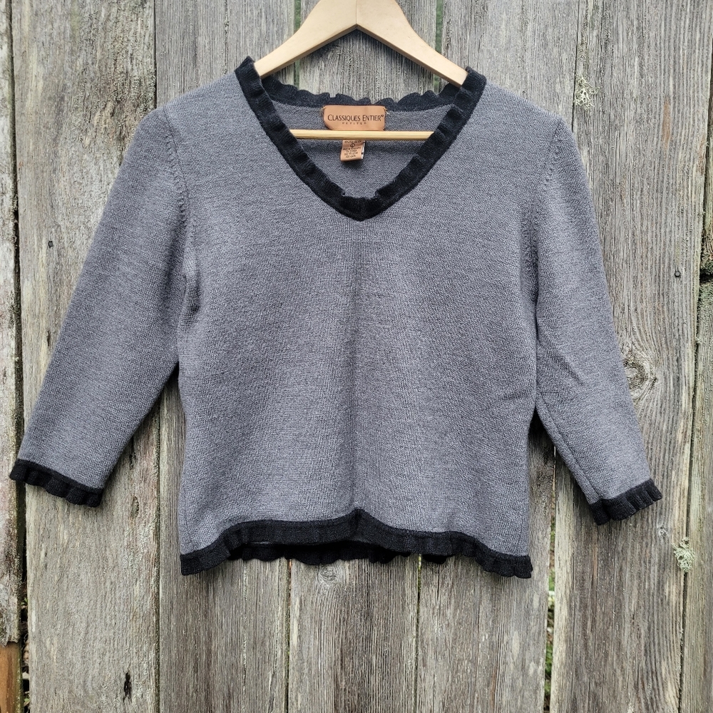 Gray Cropped Women's Sweater with Black Ruffle Detail